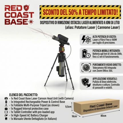 Dispositivo laser integrato per la rimozione di ostacoli con batteria al litio (noto anche come potatore laser o cannone laser). Progettato specificamente per la rimozione a lunga distanza di rami d'albero, detriti galleggianti o altri ostacoli localizzat